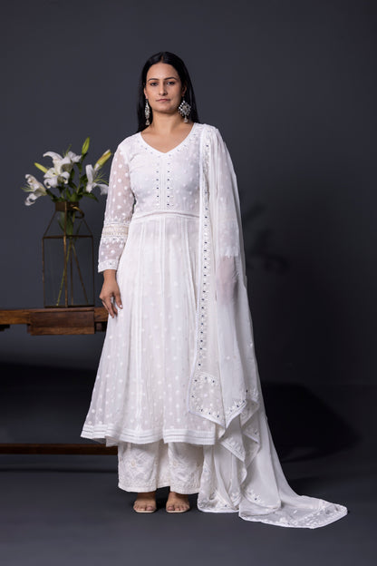 Serine white Anarkali with Pants and Dupatta