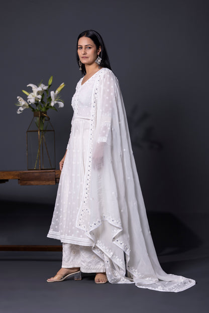 Serine white Anarkali with Pants and Dupatta