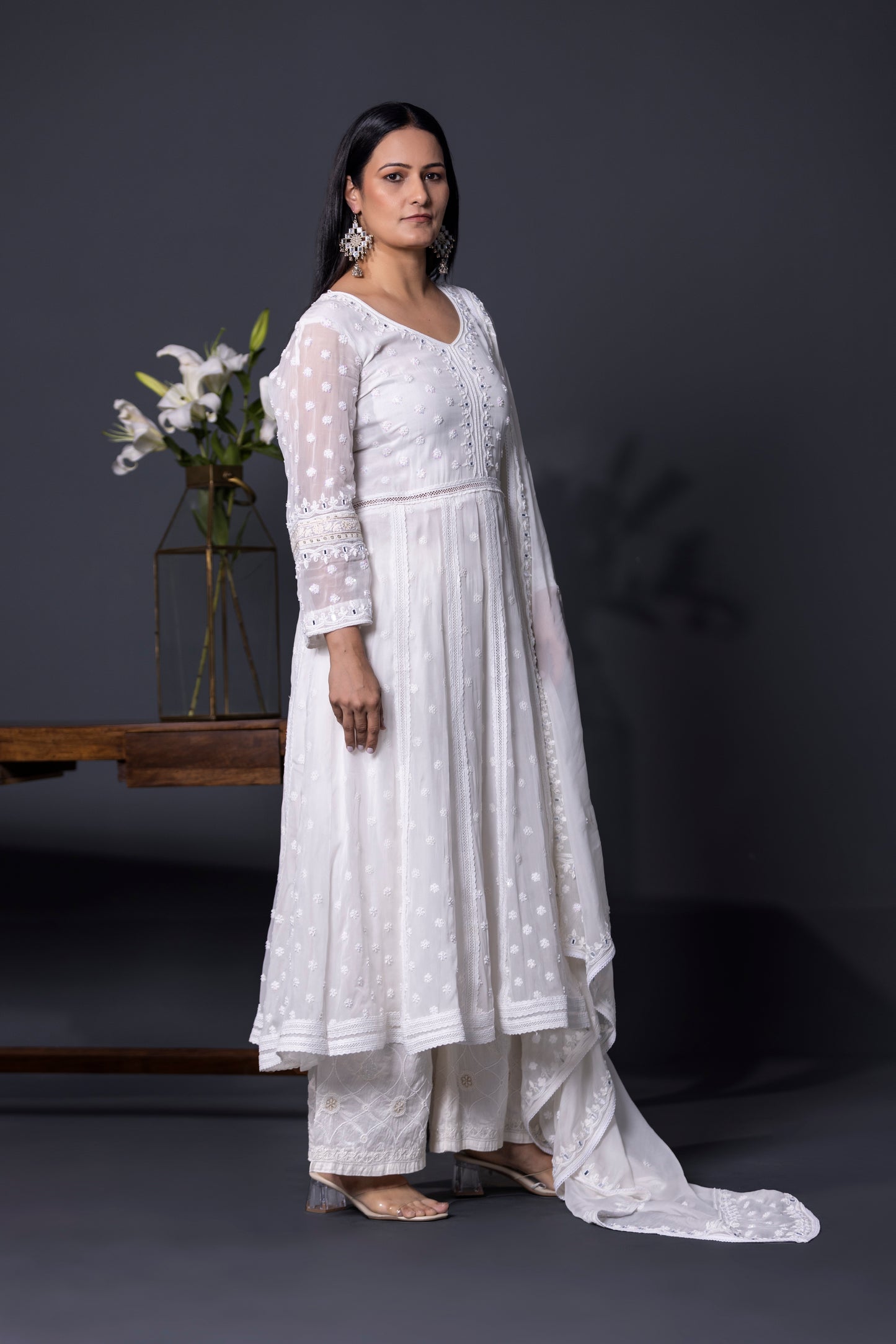 Serine white Anarkali with Pants and Dupatta