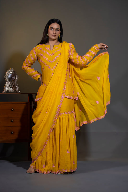 Haldi yellow short Kurta with Garara and Dupatta