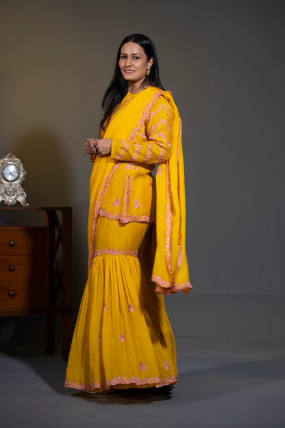 Haldi yellow short Kurta with Garara and Dupatta