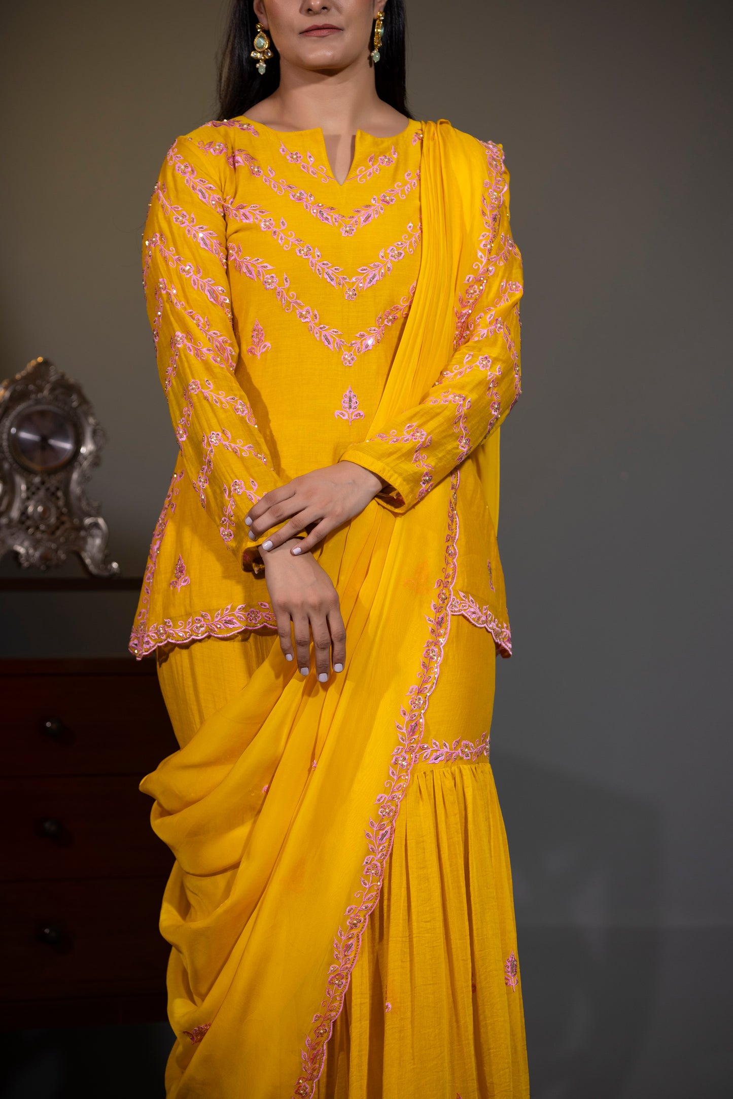 Haldi yellow short Kurta with Garara and Dupatta