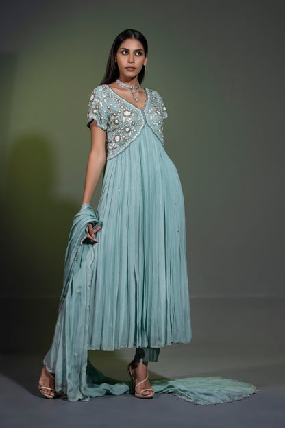 Sage blue Anarkali with Pants and Dupatta