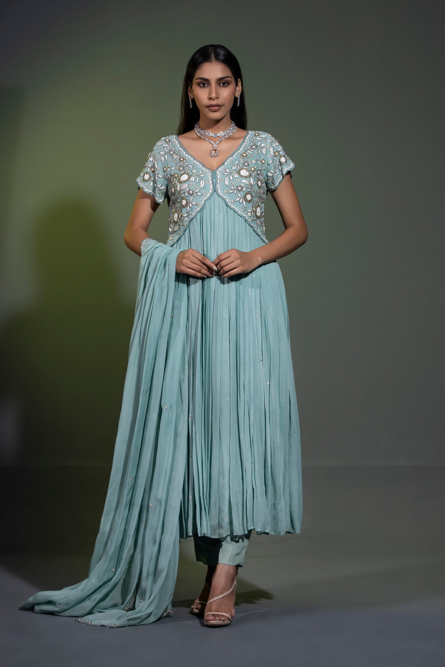 Sage blue Anarkali with Pants and Dupatta