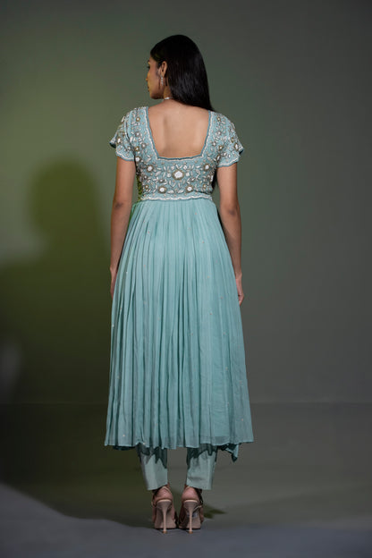 Sage blue Anarkali with Pants and Dupatta