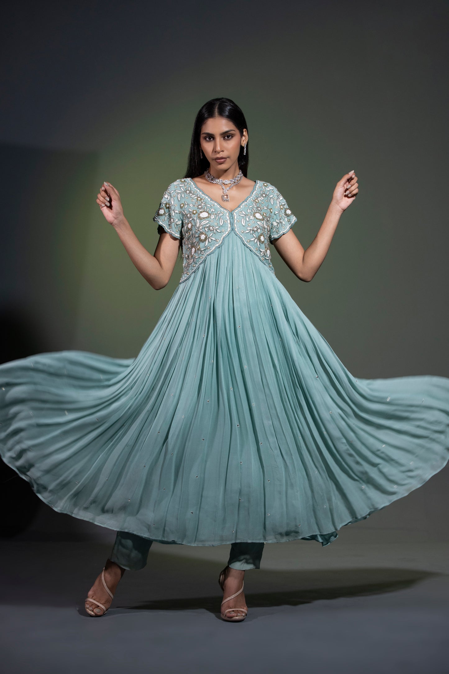 Sage blue Anarkali with Pants and Dupatta