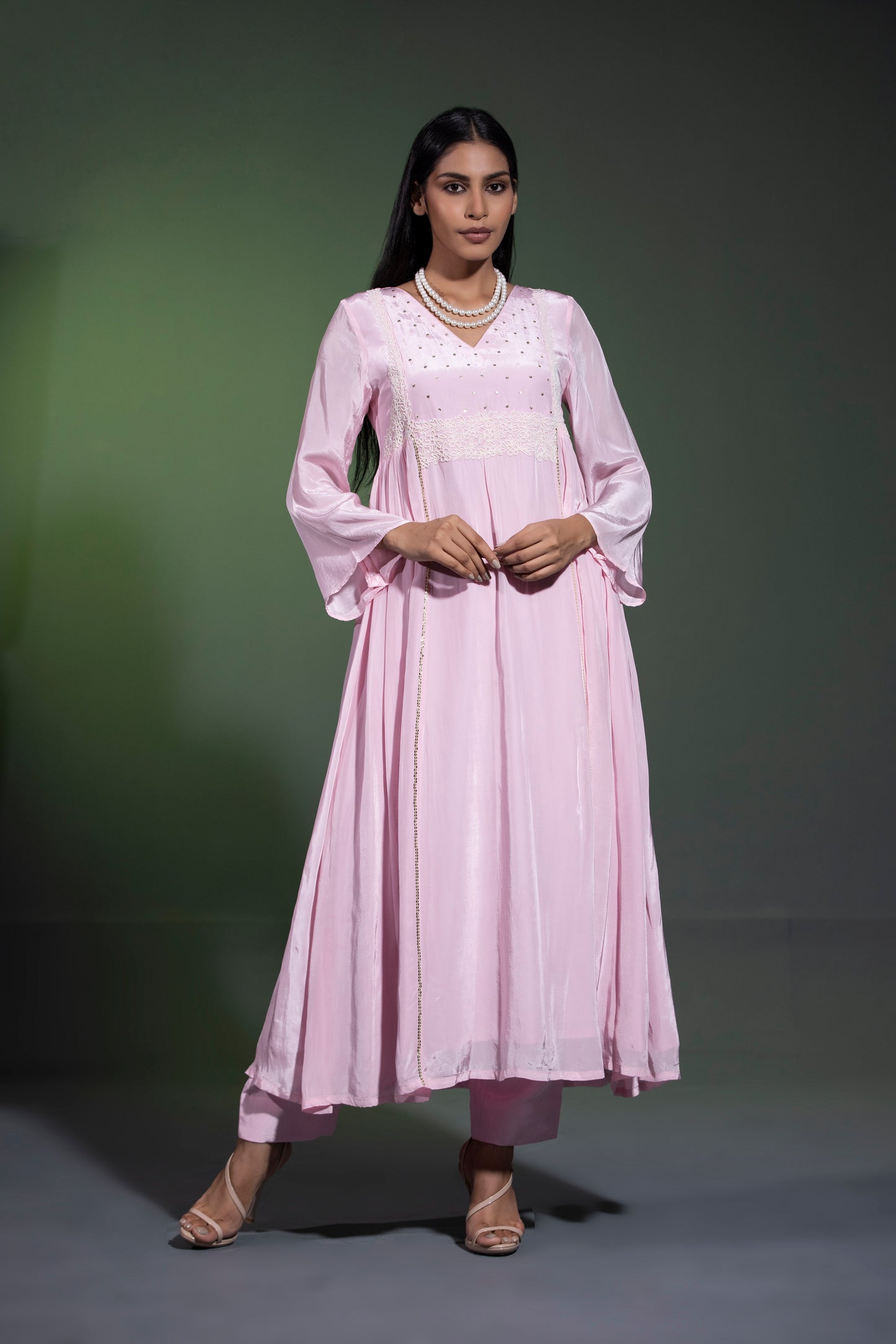 Powder pink Anarkali with Pants and Dupatta