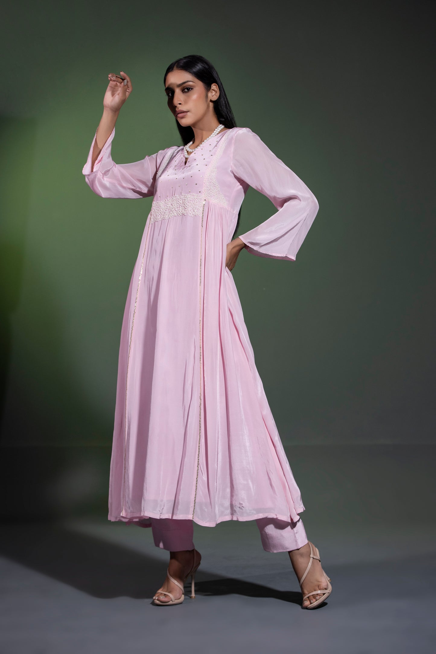 Powder pink Anarkali with Pants and Dupatta