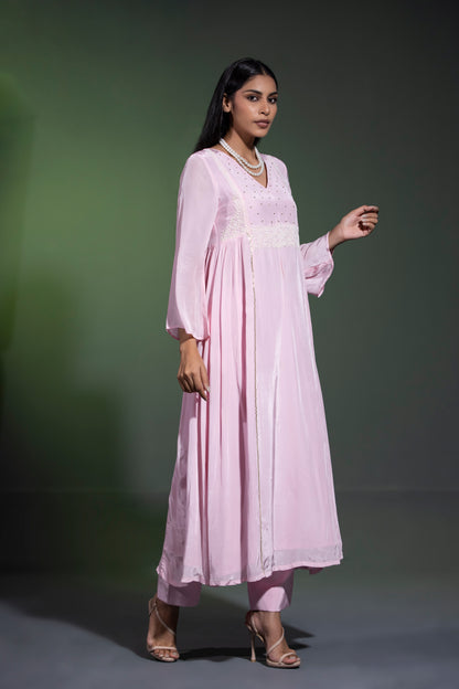 Powder pink Anarkali with Pants and Dupatta