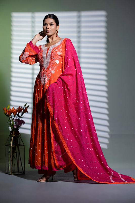 Kesariya Anarkali with Pants and Majenta dupatta