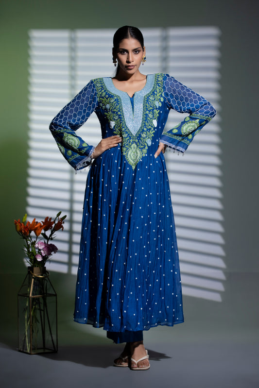 Royal blue Anarkali with Pants and Dupatta