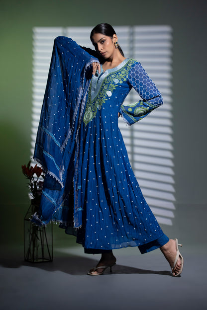 Royal blue Anarkali with Pants and Dupatta