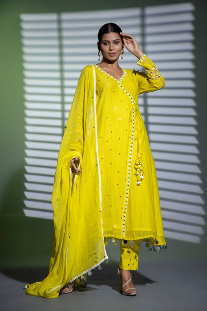 Neon Green Angrakha A-line Kurta with Pants and Dupatta