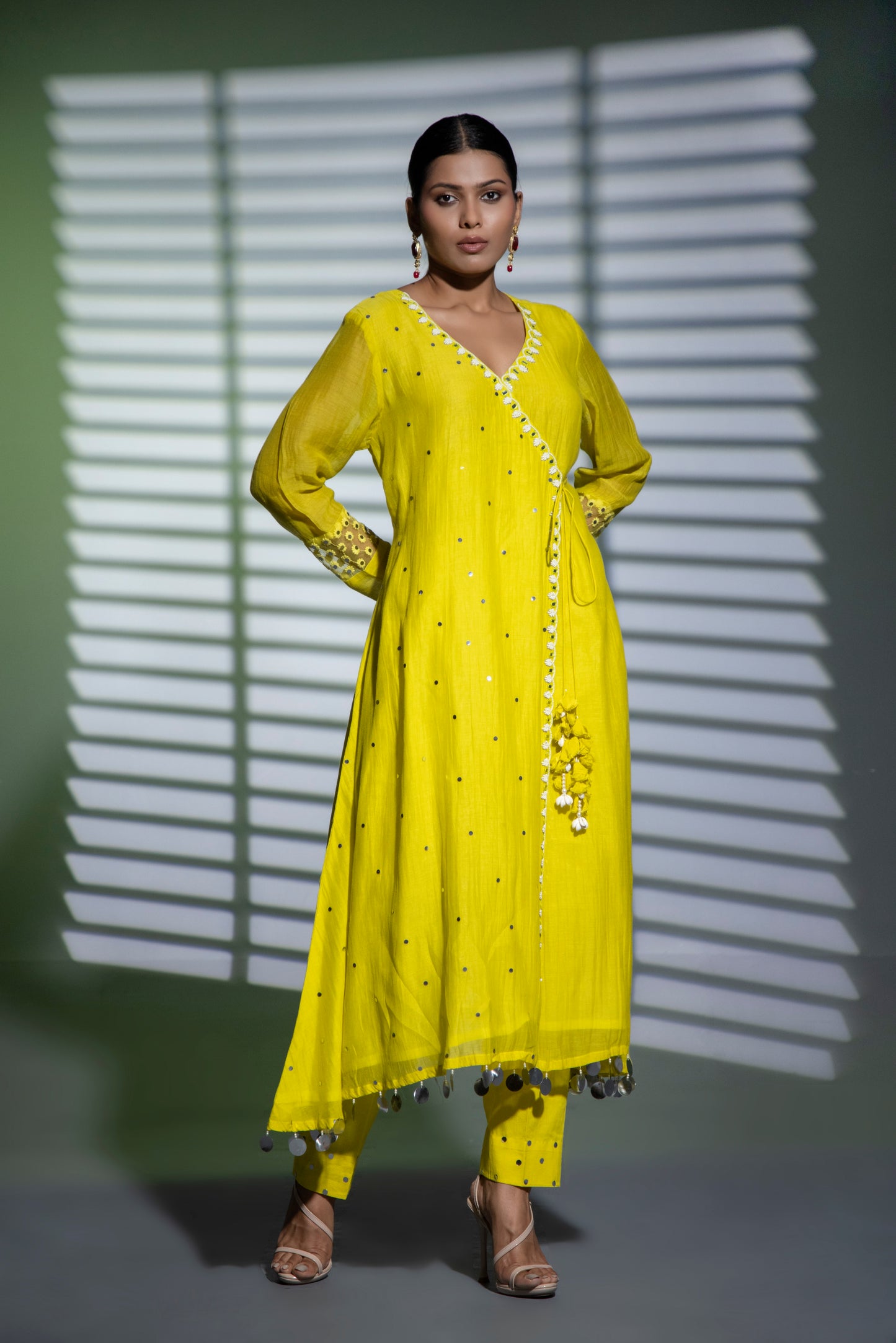 Neon Green Angrakha A-line Kurta with Pants and Dupatta