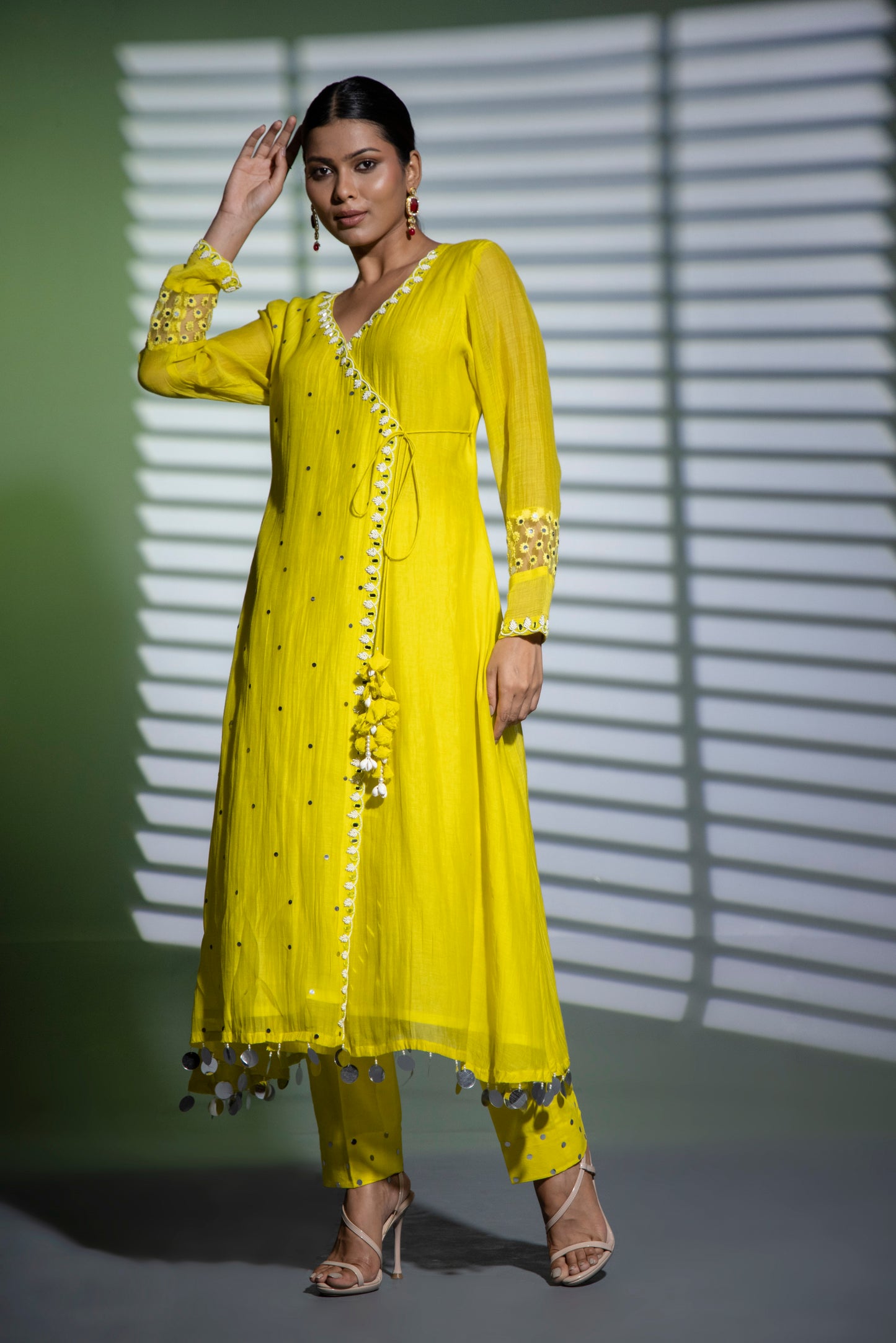 Neon Green Angrakha A-line Kurta with Pants and Dupatta