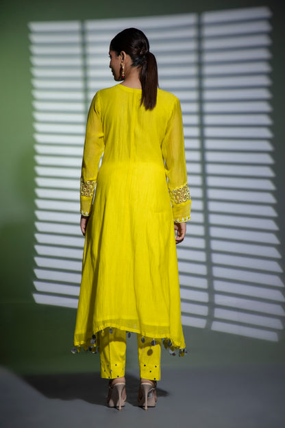 Neon Green Angrakha A-line Kurta with Pants and Dupatta