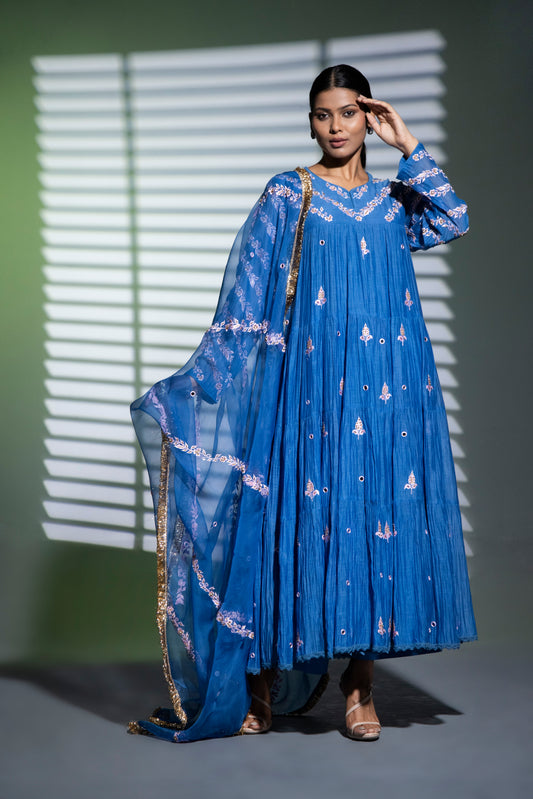 Indigo blue tiered Anarkali with Pants and Dupatta