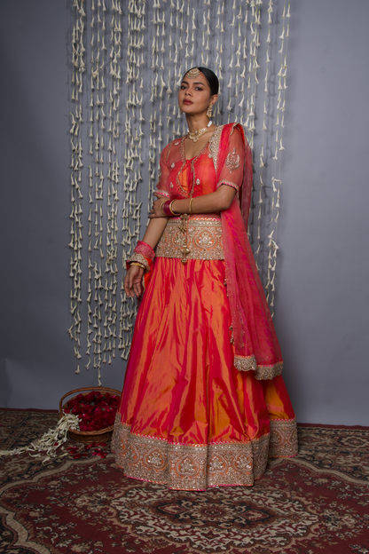 Silk Lehenga Set with Shibori Silk Organza Dupatta