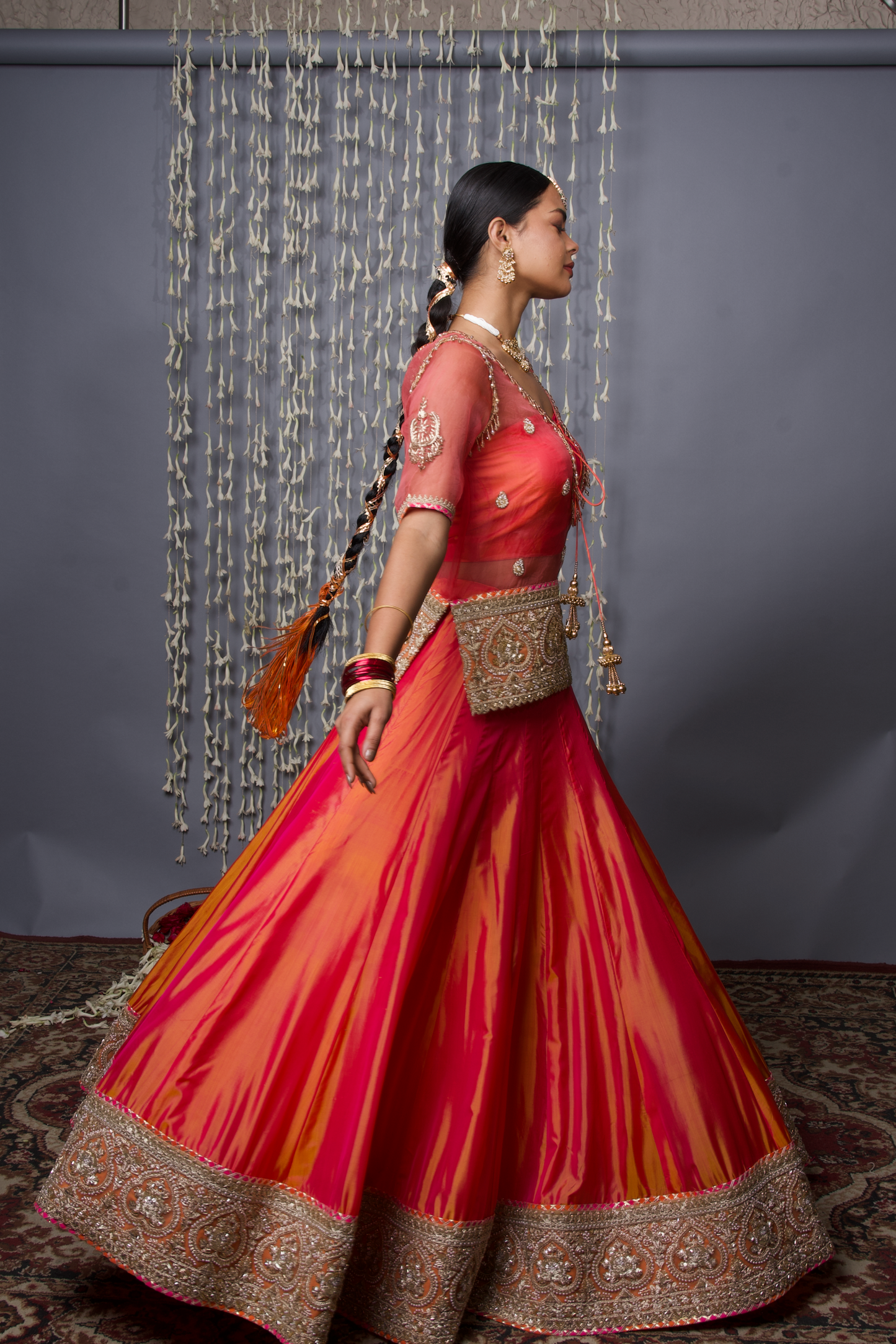 Silk Lehenga Set with Shibori Silk Organza Dupatta