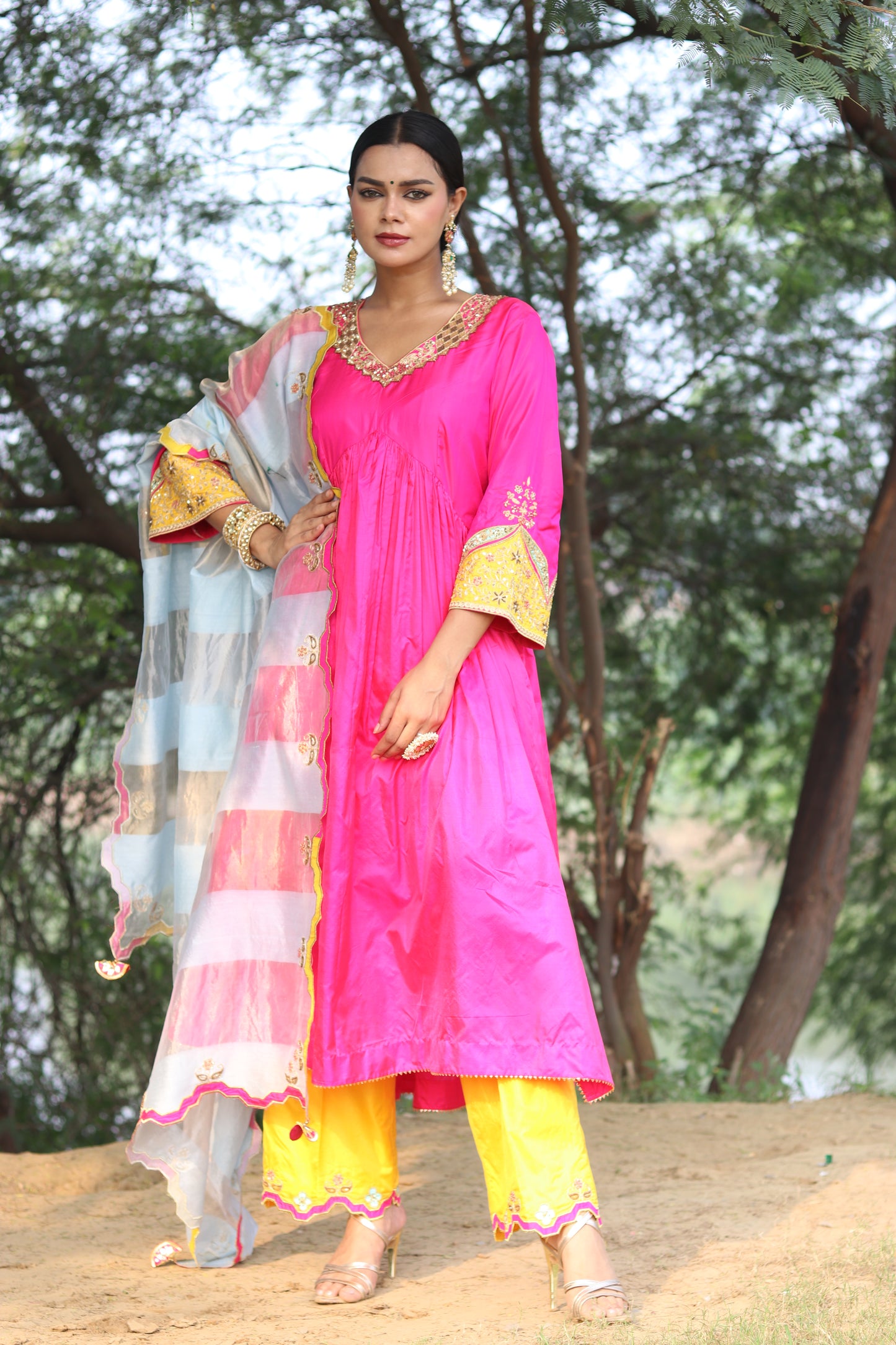 Elegance Redefined Silk Gathered Anarkali With Zari Tissue Dupatta