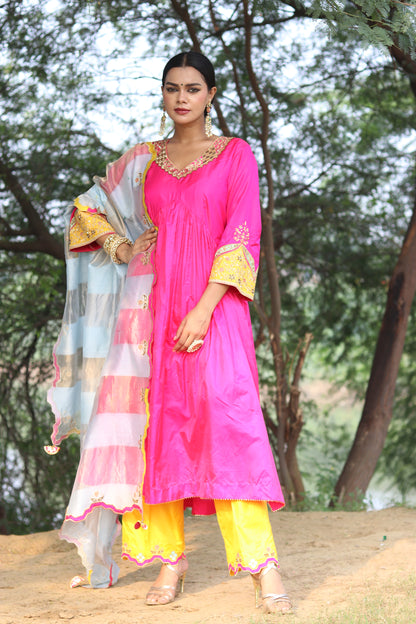 Elegance Redefined Silk Gathered Anarkali With Zari Tissue Dupatta