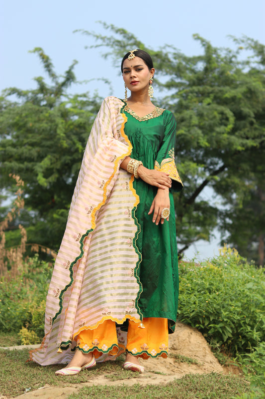 Elegance Redefined Silk Gathered Anarkali With Zari Tissue Dupatta