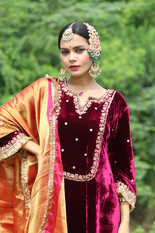 Regal silk velvet suit with Etheral Tissue Dupatta