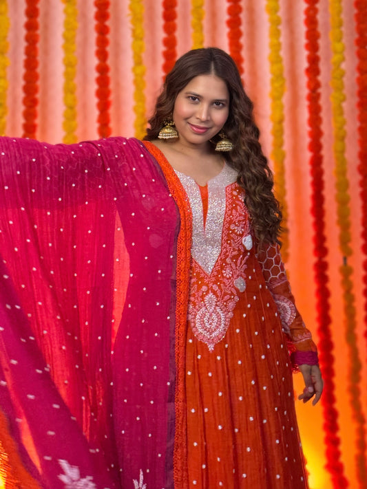 Kesariya Anarkali with Pants and Majenta dupatta