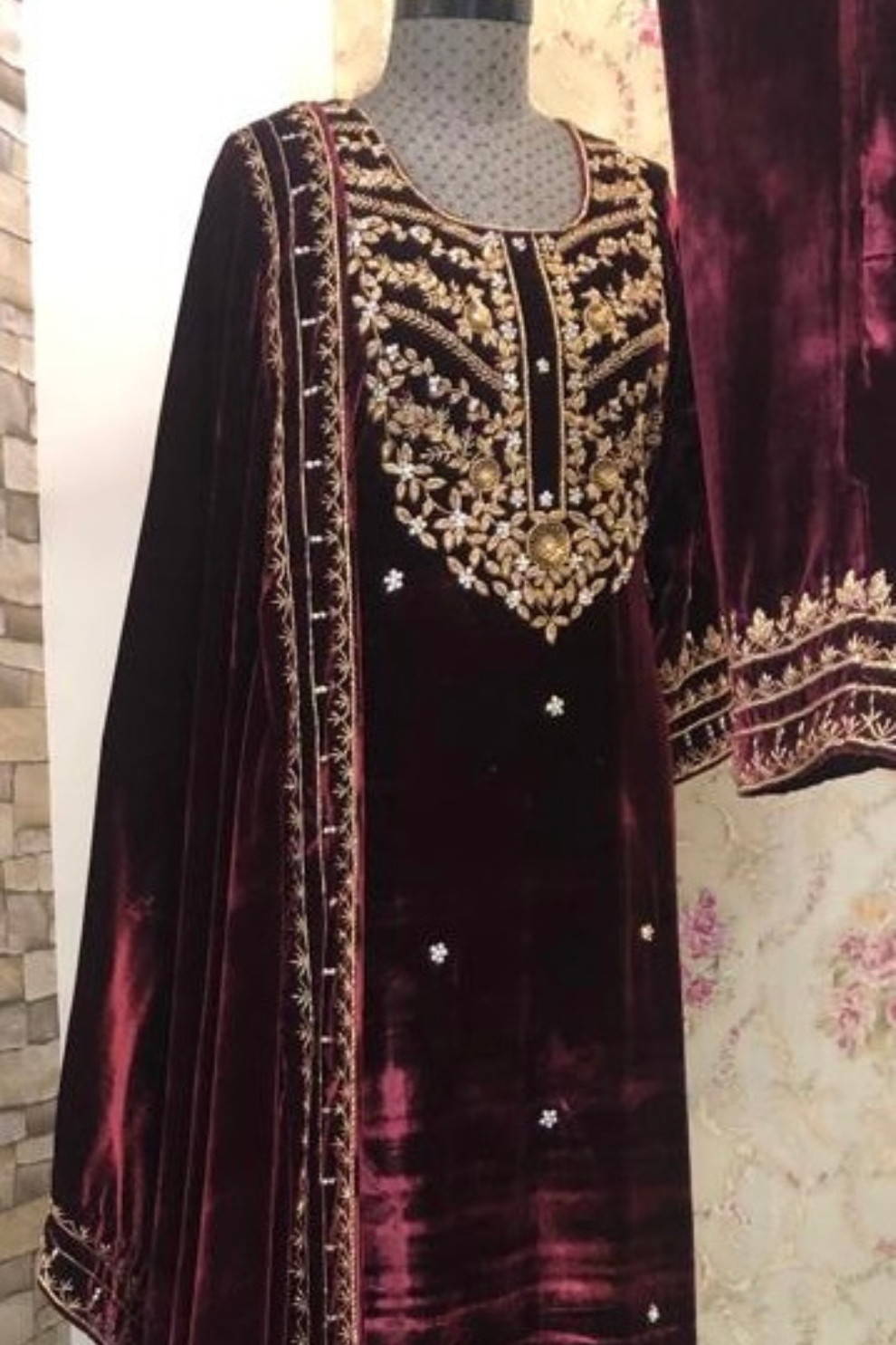 Silk Velvet Kurta Set with Zardosi Handwork