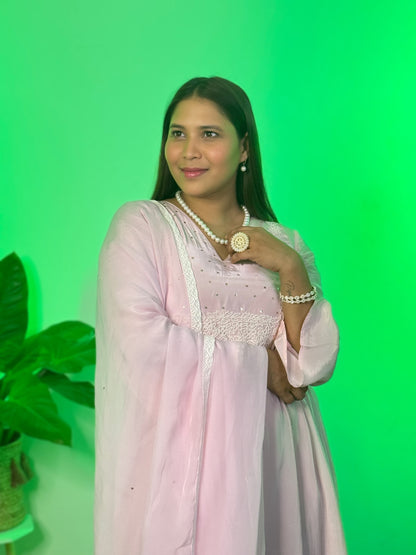 Powder pink Anarkali with Pants and Dupatta