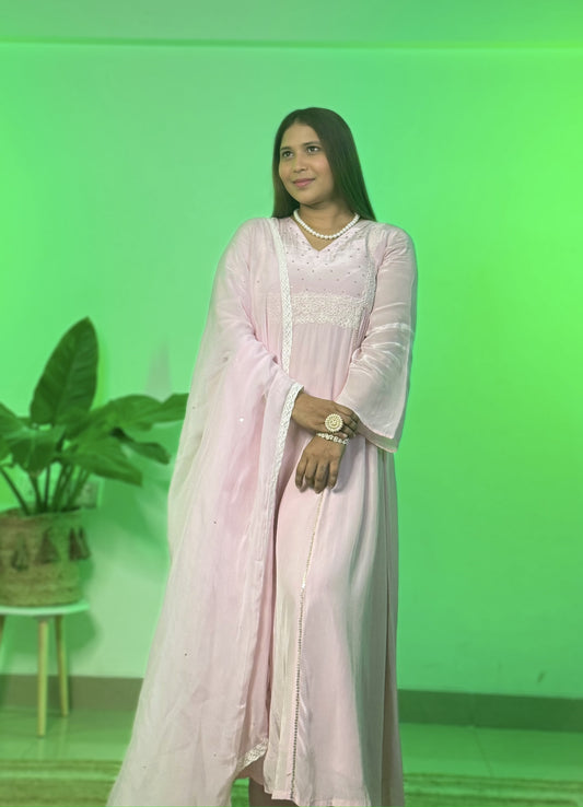 Powder pink Anarkali with Pants and Dupatta