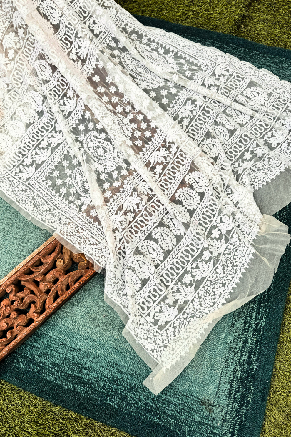 Exquisite Hand Embroidered Chikankari Net Saree