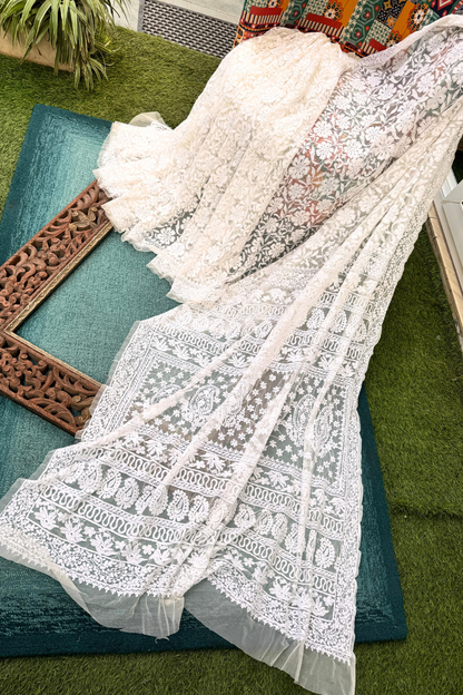 Exquisite Hand Embroidered Chikankari Net Saree